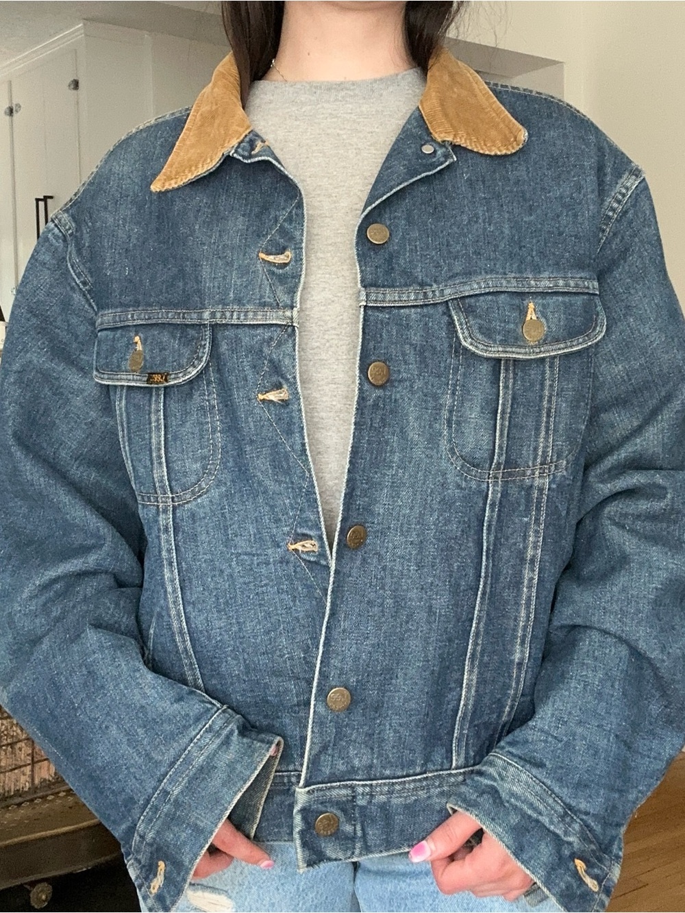 Vintage Lee Storm Rider Blanket Lined Blue Denim Jacket with Tan Corduroy Collar